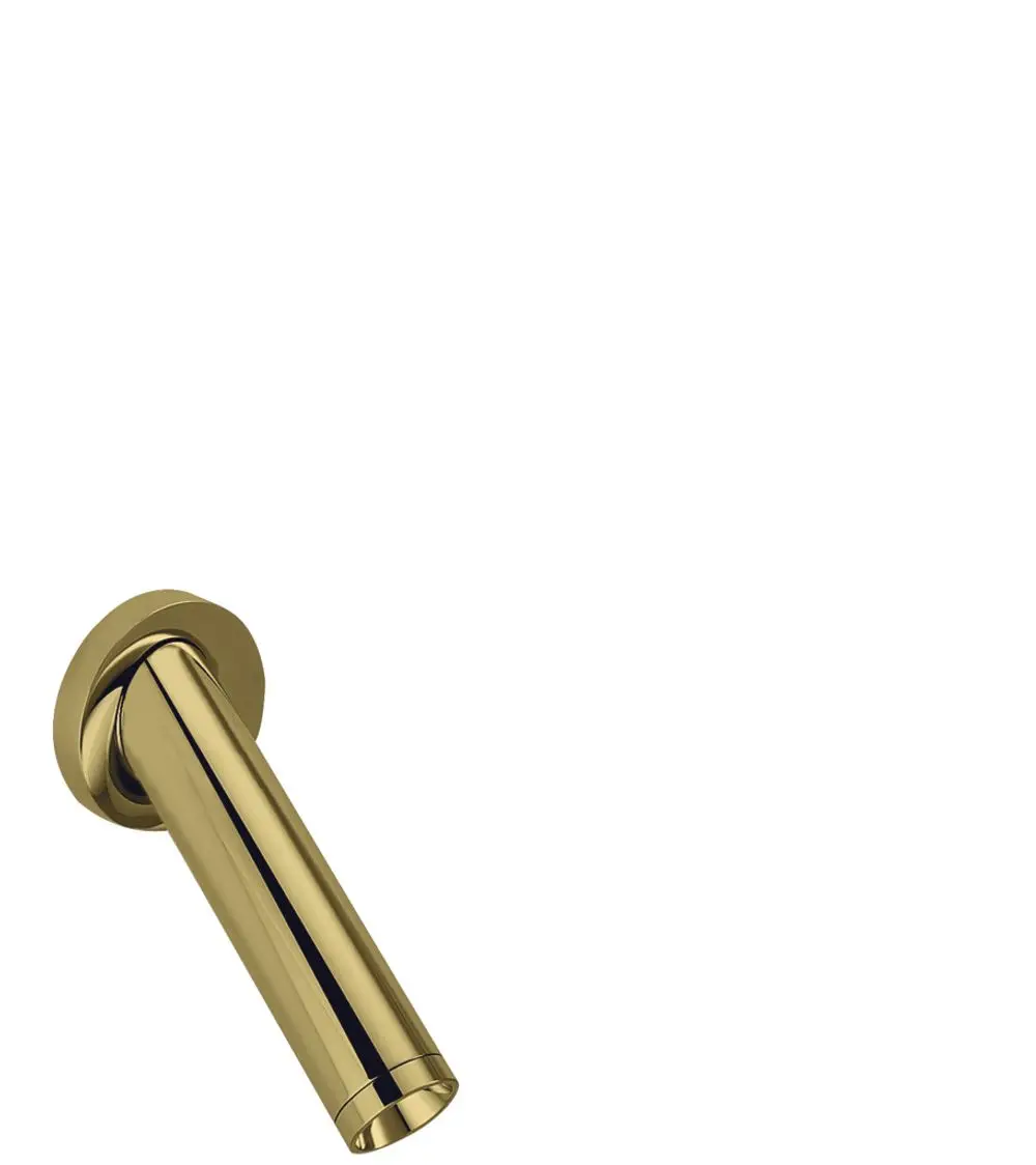 Goldfarbener Wanneneinlauf von AXOR, mit gebogenem Auslauf und runder Wandbefestigung, auf weißem Hintergrund.